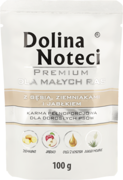 Karma Dolina Noteci Premium dla psów małych ras, z gęsią, ziemniakami i jabłkiem, 100g, biała saszetka.