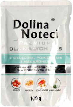 Biała saszetka karmy Dolina Noteci Premium dla małych psów, z cielęciną, pomidorami, makaronem, 100g.