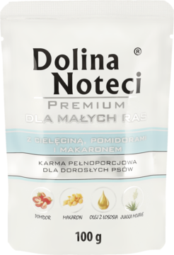 Dolina Noteci Premium, karma dla małych psów z cielęciną, pomidorem i makaronem, biała saszetka 100g.