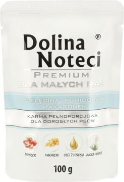 Dolina Noteci Premium, karma dla małych psów z cielęciną, pomidorem i makaronem, biała saszetka 100g.