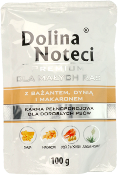 Dolina Noteci Premium karma 100g dla małych ras, z bażantem, dynią i makaronem, front opakowania.