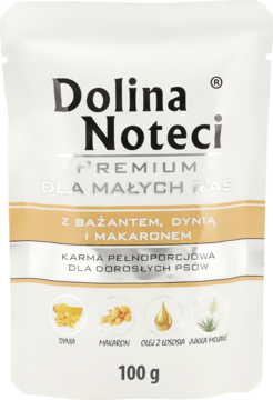 Karma Dolina Noteci Premium dla psów, biała saszetka z bażantem, dynią, makaronem, widok z przodu.