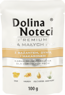 Karma Dolina Noteci Premium dla psów, biała saszetka z bażantem, dynią, makaronem, widok z przodu.