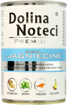 Srebrna puszka Dolina Noteci Premium Karma dla psa z jagnięciną, widok z przodu, z ikonami składników.