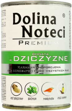 Srebrna puszka karmy Dolina Noteci Premium dla psów, bogata w dziczyznę, ryż, bazylię i marchew, widok z przodu.