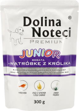 Karma Dolina Noteci Premium Junior, bogata w wątróbkę z królika, w białej saszetce 300g, widok z przodu.