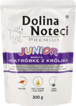 Karma Dolina Noteci Premium Junior, bogata w wątróbkę z królika, w białej saszetce 300g, widok z przodu.