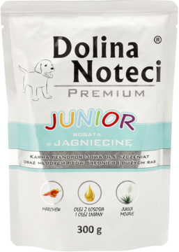 Biała saszetka Dolina Noteci Premium Karma Junior dla szczeniąt z jagnięciną, 300g, widok z przodu opakowania.