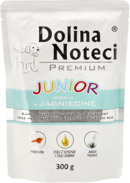 Biała saszetka Dolina Noteci Premium Karma Junior dla szczeniąt z jagnięciną, 300g, widok z przodu opakowania.