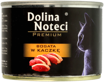 Czarna puszka karmy Dolina Noteci Premium dla kotów, widok z przodu, bogata w kaczkę, z grafiką kota i mięsa.