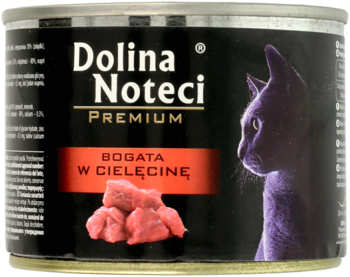 Czarna puszka karmy dla kota Dolina Noteci Premium z cielęciną, widok z przodu, fioletowy kot i mięso.
