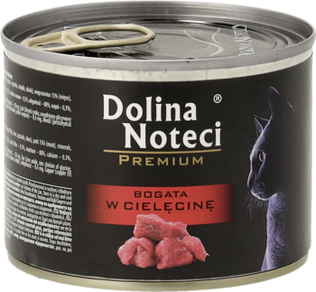 Czarna puszka karmy Dolina Noteci Premium dla kota, bogata w cielęcinę, z widoczną grafiką kota i mięsa.