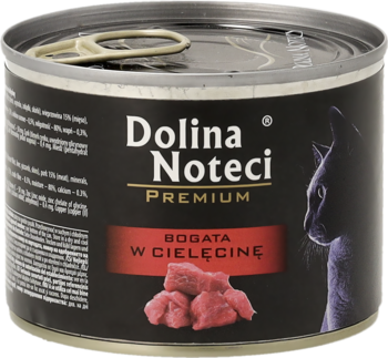 Czarna puszka karmy Dolina Noteci Premium dla kota, bogata w cielęcinę, z widoczną grafiką kota i mięsa.