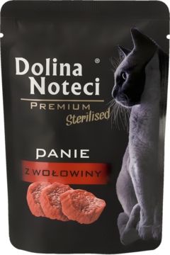 Dolina Noteci Premium, czarna torebka karmy dla kotów sterylizowanych z wołowiną, widok z przodu, z sylwetką kota.