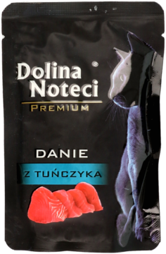 Czarna saszetka Dolina Noteci Premium Danie z Tuńczyka dla kotów, z grafiką kota, widok z przodu.