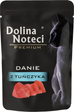 Czarna saszetka karmy dla kotów Dolina Noteci Premium Danie z Tuńczyka, z grafiką kota i mięsa tuńczyka.