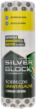 Rola uniwersalnych ściereczek Silver Block z jonami srebra, antybakteryjnych, w szaro-żółtej etykiecie.