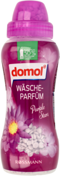 Fioletowe perełki zapachowe domol do prania, Purple Stars, w butelce z kwiatowym wzorem, widok z przodu.