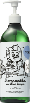 Yope Naturalny płyn do naczyń Bergamotka, werbena, bazylia. Zielona butelka z pompką, panda na etykiecie, widok z przodu.