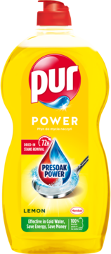 Pur Power Lemon płyn do naczyń w żółtej butelce z czerwoną nakrętką, widok z przodu. Skuteczny w zimnej wodzie.