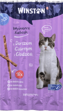WINSTON ,karma uzupełniająca dla dorosłych kotów, delikatne kiełbaski z dorszem czarnym i gładzicą,przód