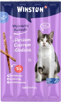 Fioletowe opakowanie Winston z kotem, delikatne kiełbaski dla kota z dorszem i gładzicą, 10 sztuk, widoczne smakołyki.
