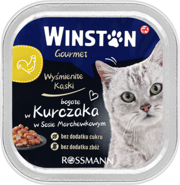 Winston Gourmet mokra karma dla kota, kurczak w sosie marchewkowym, bez cukru i zbóż, widok z przodu.