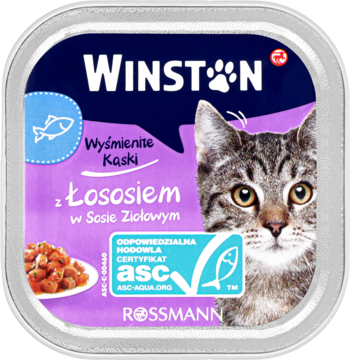 WINSTON ,karma pełnoporcjowa mokra dla dorosłych kotów, z łososiem w sosie ziołowym,przód