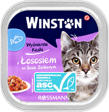 Winston mokra karma z łososiem, 100g, kwadratowe opakowanie z kotem, miską karmy i certyfikatem ASC.