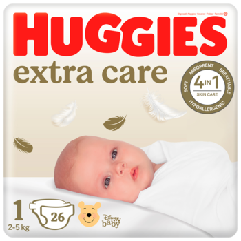 Huggies Extra Care pieluchy, rozmiar 1 (2-5 kg), opakowanie z białym tłem, dzieckiem i logo Disney. Widok z przodu.
