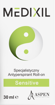 Medixil Sensitive antyperspirant roll-on 30ml w białym opakowaniu z zielonym napisem i symbolem Yin-Yang.