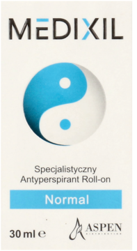 Białe opakowanie antyperspirantu Medixil Normal z niebieskim napisem i symbolem yin-yang, widok z przodu.