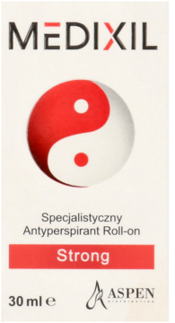 MEDIXIL Specjalistyczny Antyperspirant Strong 30ml, biały kartonik, widok przodu z yin-yang.