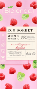 Bielenda Eco Sorbet serum nawilżająco-kojące z maliną, różowe kartonowe opakowanie z wzorem owoców.