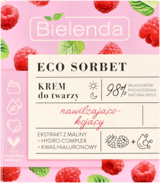 Bielenda Eco Sorbet nawilżająco-kojacy krem do twarzy, różowe opakowanie z malinami, 98% składników naturalnych.