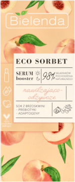Bielenda ECO SORBET serum booster z brzoskwinią. Jasna etykieta z owocami brzoskwini, widok z przodu.