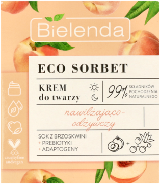 Bielenda ECO SORBET KREM nawilżająco-odżywczy z brzoskwinią, 99% naturalnych składników, widok z przodu.