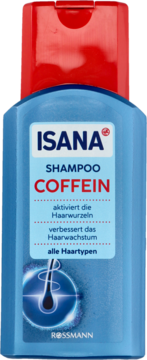 Isana Szampon Coffein w niebieskiej butelce z czerwoną nakrętką, aktywuje cebulki, poprawia porost, widok z przodu.