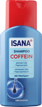 Szampon Isana Coffein w niebieskiej butelce z czerwoną zakrętką, wspiera porost włosów, widok z przodu.