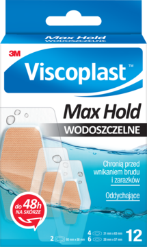 Plastry Viscoplast Max Hold Wodoszczelne w niebiesko-białym opakowaniu, widok z przodu. Ochrona 48h, 12 sztuk.
