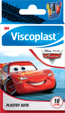 Viscoplast™ Plastry Auta 10 sztuk, opakowanie z Zygzakiem McQueen, czerwono-niebieskie. Widok z przodu.