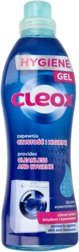 Niebieska butelka Cleox Hygiene Gel do prania, widok z przodu, z różowym napisem i grafiką pralki.