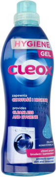 Niebieska butelka Cleox Hygiene Gel do prania, widok z przodu, z różowym napisem i grafiką pralki.