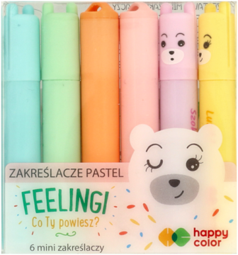 Kolorowy zestaw 6 pastelowych zakreślaczy Happy Color z uszami niedźwiadków, w pudełku z rysunkiem misia.