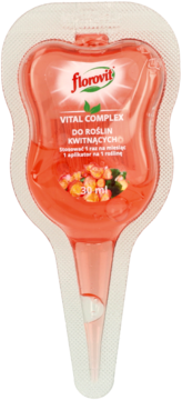 Florovit Vital Complex 30 ml, czerwony nawóz do roślin kwitnących w aplikatorze, widok z przodu.