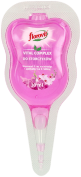 Florovit Vital Complex do storczyków, różowy płyn w unikalnym aplikatorze 30 ml, z grafiką orchidei, widok z przodu.