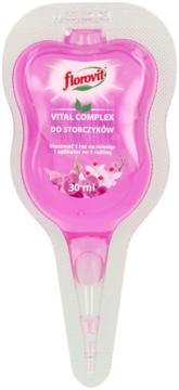 Florovit Vital Complex do storczyków, różowy płyn w unikalnym aplikatorze 30 ml, z grafiką orchidei, widok z przodu.