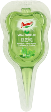 Zielony nawóz Florovit Vital Complex 30 ml do roślin zielonych w przezroczystym aplikatorze, widok z przodu.