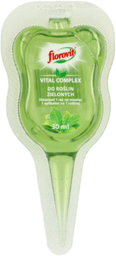 Zielony nawóz Florovit Vital Complex 30 ml do roślin zielonych w przezroczystym aplikatorze, widok z przodu.