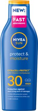 NIVEA SUN Protect & Moisture SPF 30, niebieska butelka, Vitamin C & Hyaluron. Szybkowchłaniający. Z przodu.